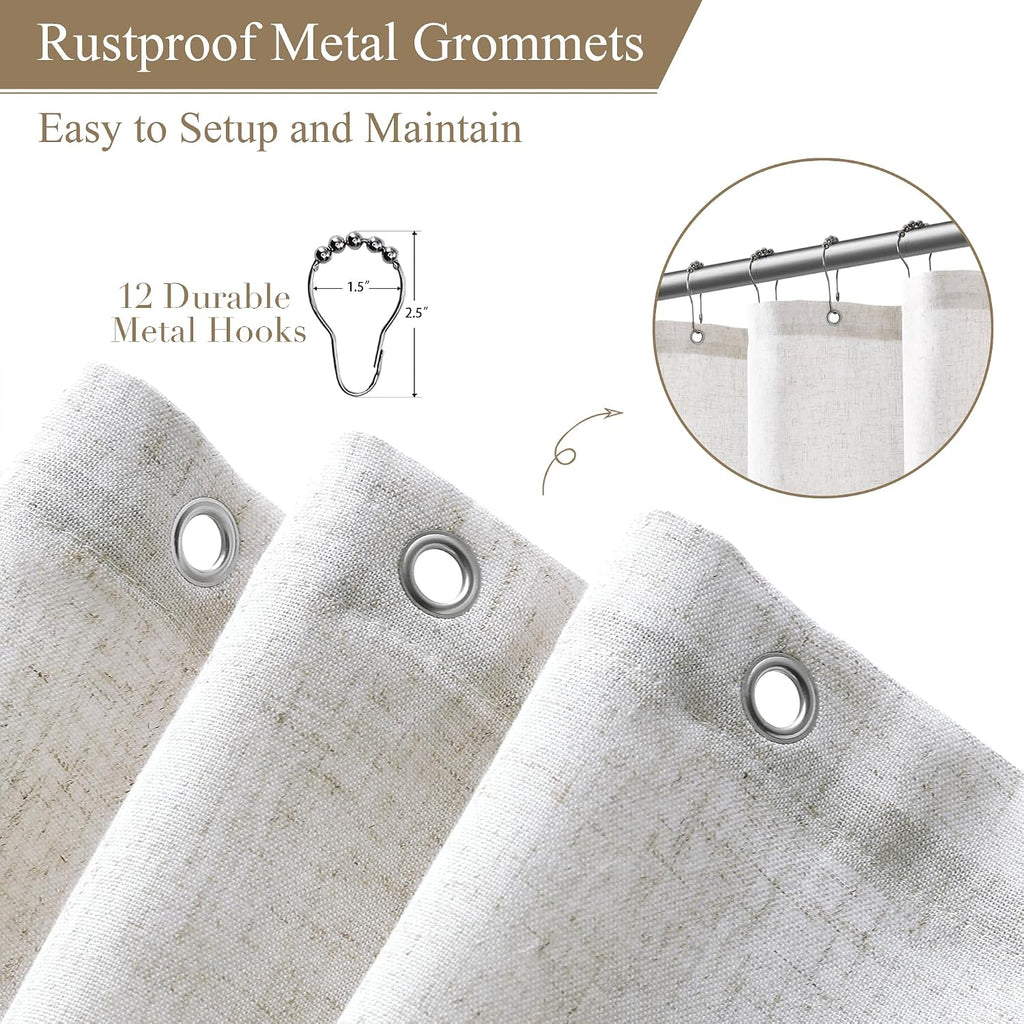 Linen Shower Curtain 72 Inches Long 1 Panel White | Shower Curtains with Hook, Waterproof Cloth, Boho Farmhouse