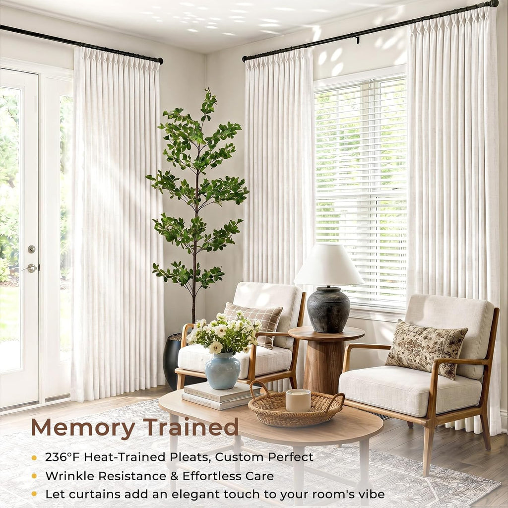 Memory Trained Pinch Pleated Curtains, Linen Curtains, 2 Panel Set Pinch Pleated Drapes with Hooks