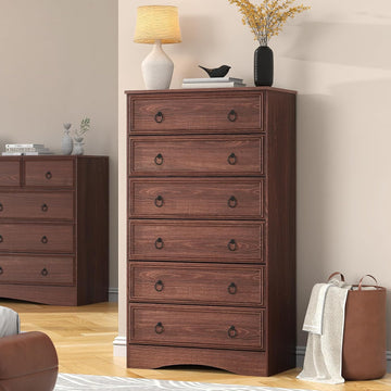 Cherry Wood Dresser 52" Tall , Wood 6 Chest Drawers, 6 Drawer Dresser, Storage for Clothes, Narrow Large Drawers