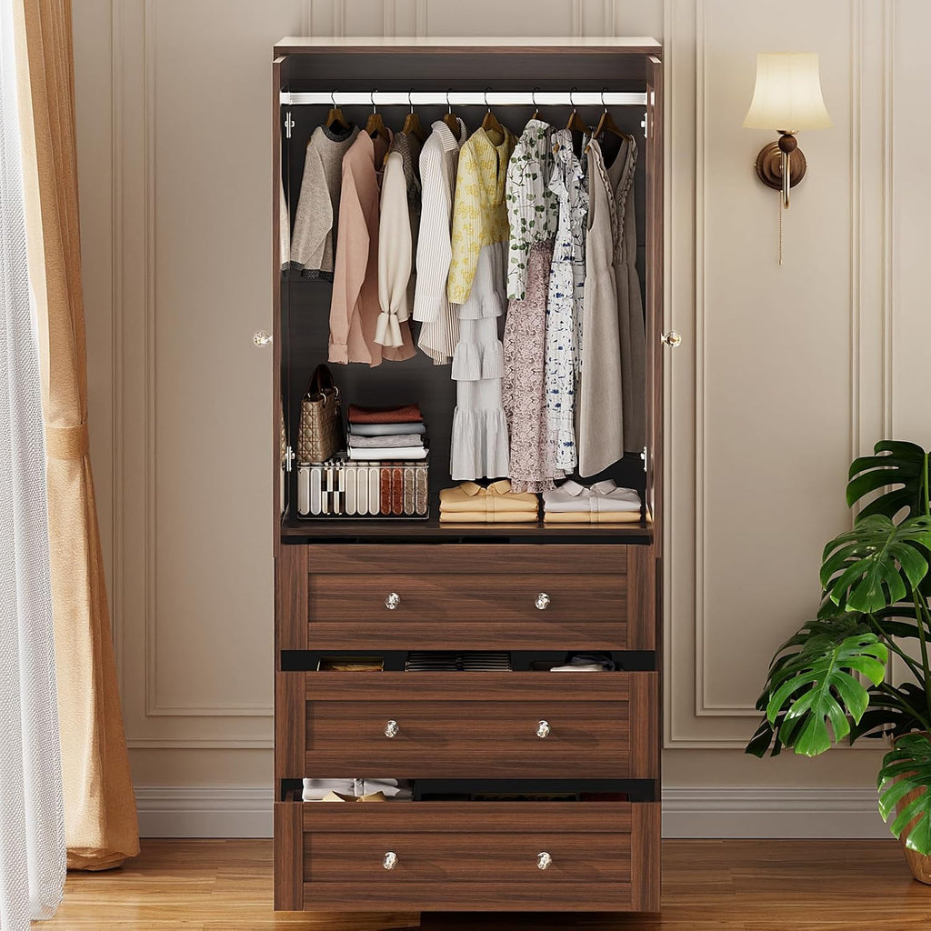 71" Tall Armoire Wardrobe Closet with Drawers and Mirror | Clothing Storage Cabinet with Hanging Rod, 2 Doors Wooden