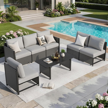 7 Pieces Patio Furniture Set, Modern Sectional Sofa, All Weather Outdoor Conversation Set with Cushions & Table, Gray