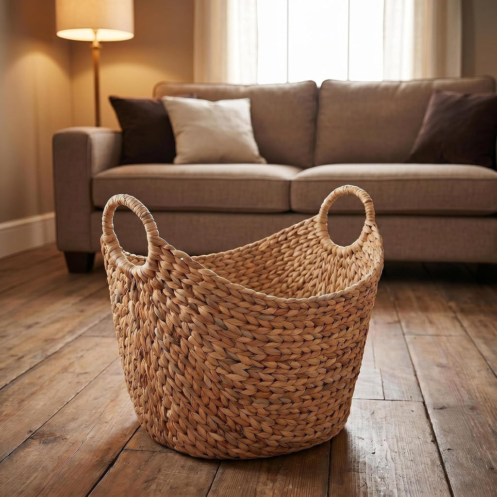 Extra Large Water Hyacinth Woven Storage Basket - Boat-Shaped with Handles & Steel Frame, Natural Decorative Bin for