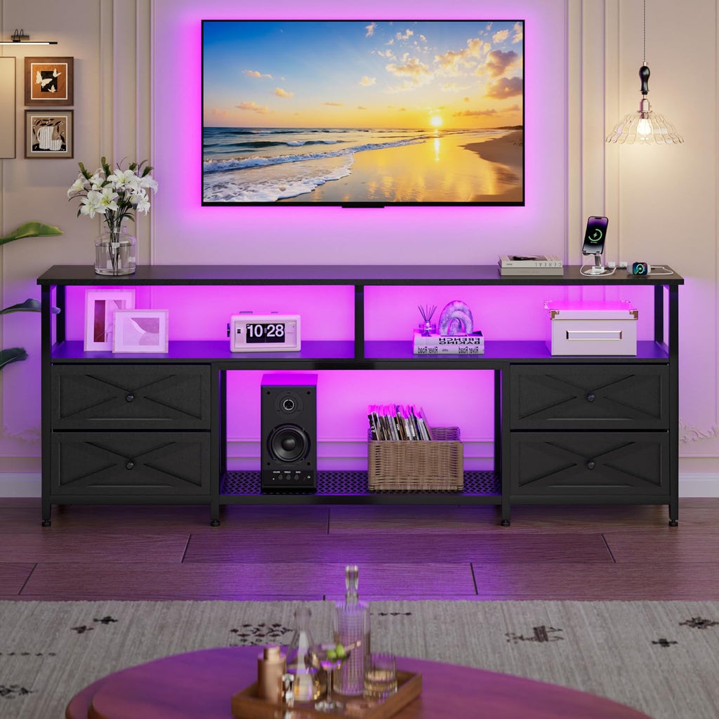 TV Stand with Fabric Drawers for 65 70 75 Inches TV - Entertainment Center with Open Storage Shelf, Power Outlets & LED Lights for Living Room, Bedroom, 63" TV Console Media Console, Black