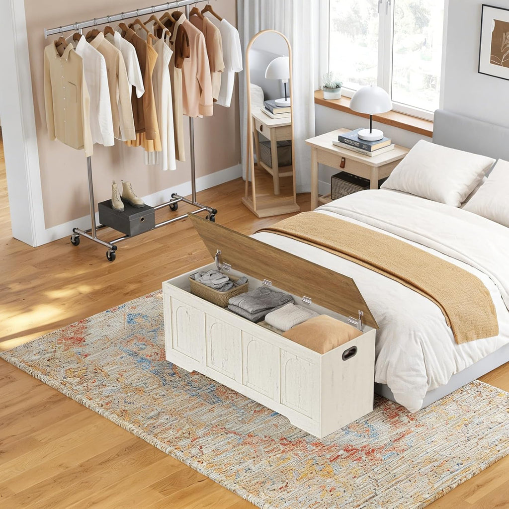 Storage Chest, Wooden Toy Box with Lid, 2 Soft-Close Hinges 47.2" | Farmhouse Storage Bench, Finger-safe Flip-Top