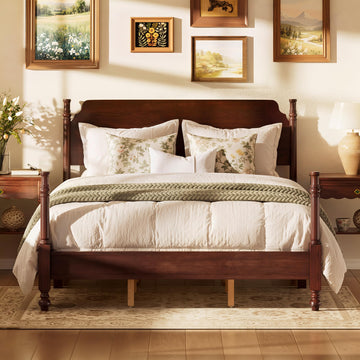 Vintage Wood Spindle Bed Frame with Headboard, Queen Size, Dark Walnut