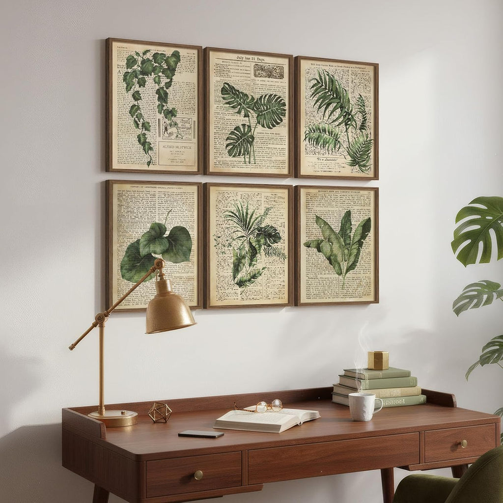 Framed Vintage Botanical Wall Art, Set of 6 Green Leaf and Fern Canvas Painting Prints, Rustic Farmhouse Plant