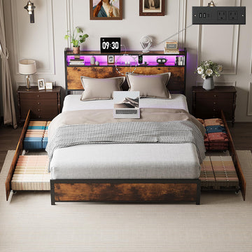 King Bed Frame with 4 Storage Drawers and Adjustable Headboard Shelf, Metal Platform Captain Bed with Charging