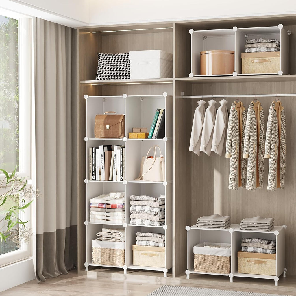 Cube Storage Organizer, 16 Cube Closet Organizer, White | Stackable Storage Cube Shelves, DIY Portable Closet Clothes