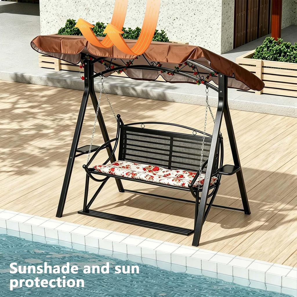 Upgraded Patio Swing with Canopy & A‐Frame Stand - Heavy Duty Outdoor Swing for Adults, Wicker Porch Swing Chair with