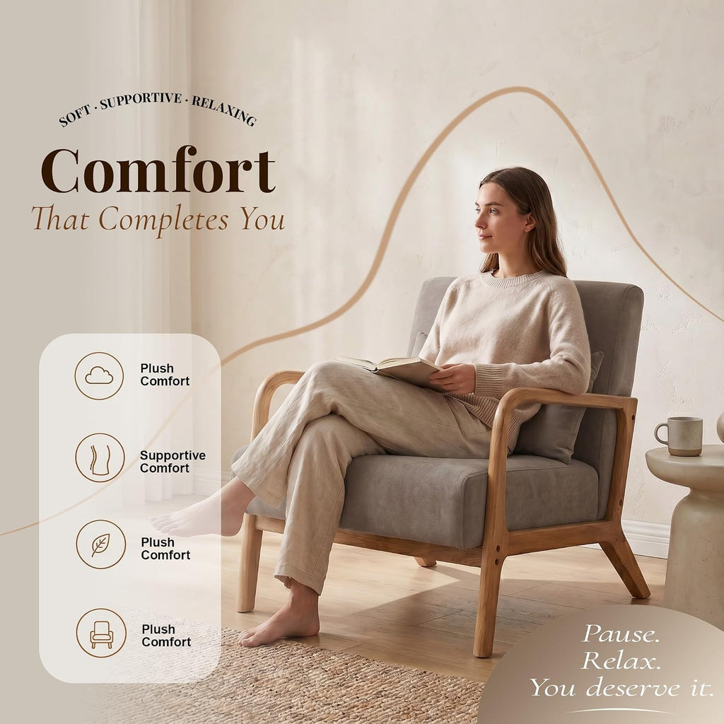 Modern Accent Chair, Taupe Knitted Fabric Upholstered Armchair with Solid Wood Frame, Comfy Reading Chair Bedroom