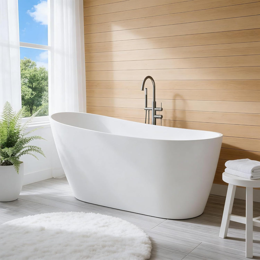 59" Freestanding Bathtub, Black Exterior White Interior Acrylic Stand Alone Soaking Tub, Modern Oval Bath with