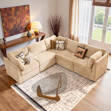 Modular Sectional Sofa,5 Pieces Sectional Couches ,98X98 L Shaped Cloud Couch Set Deep Seat(Beige Velvet Corduroy)