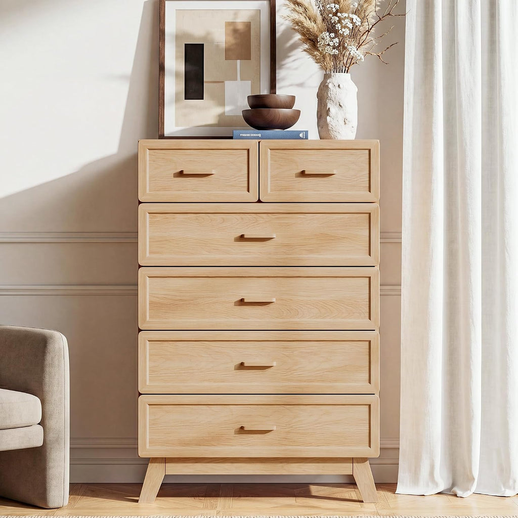 Natural 6 Drawer Dresser , 47" Tall Chest of Drawers | Rounded Corner Safety Design, Stable 4-Leg Structure, Suitable