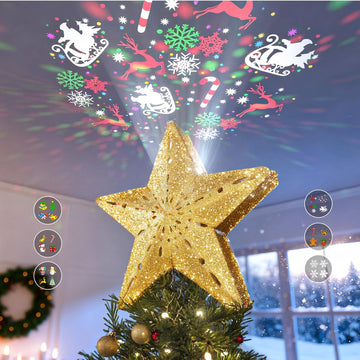Lighted Christmas Tree Topper with 6 Projection Patterns, Gold