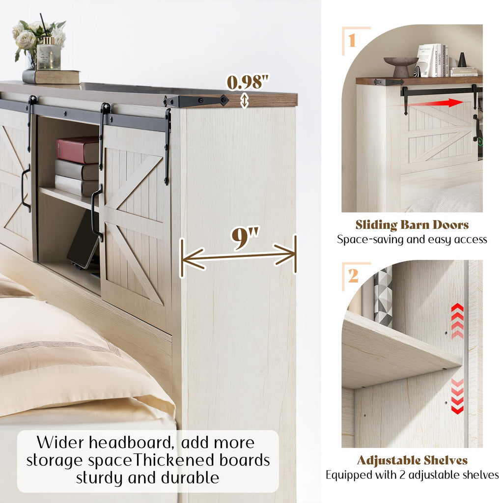 King Size Farmhouse Platform Bed Frame with Bookcase Storage Headboard, Built-in Power Outlet & USB Ports, Rustic