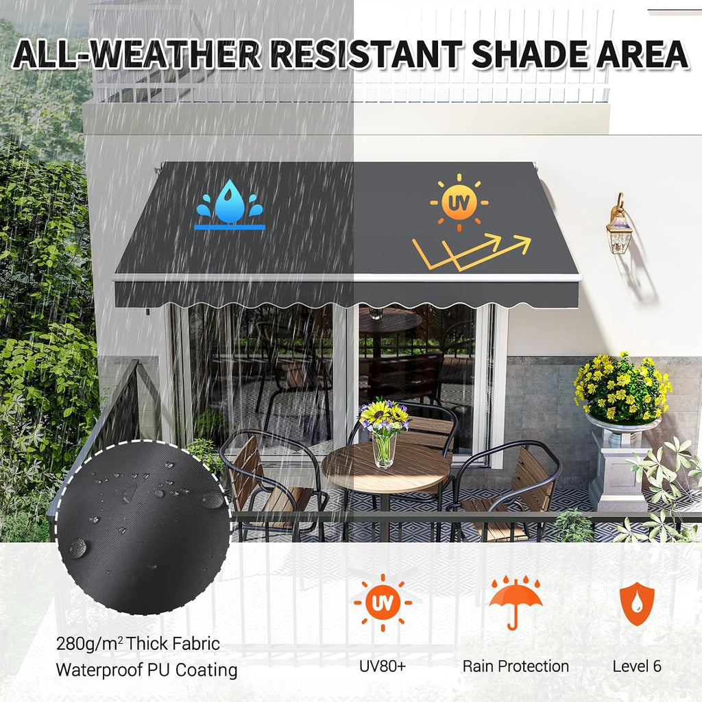 10'x8' Patio Manual Retractable Awning Fully Assembled, Dark Grey | Aluminum Frame, 280G Polyester, Water-Resistant