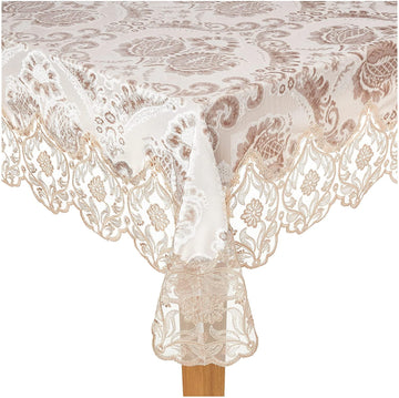 Elegant Velvet Lace Sheer Floral Deluxe Design Tablecloths - Taupe, 70" x 120"