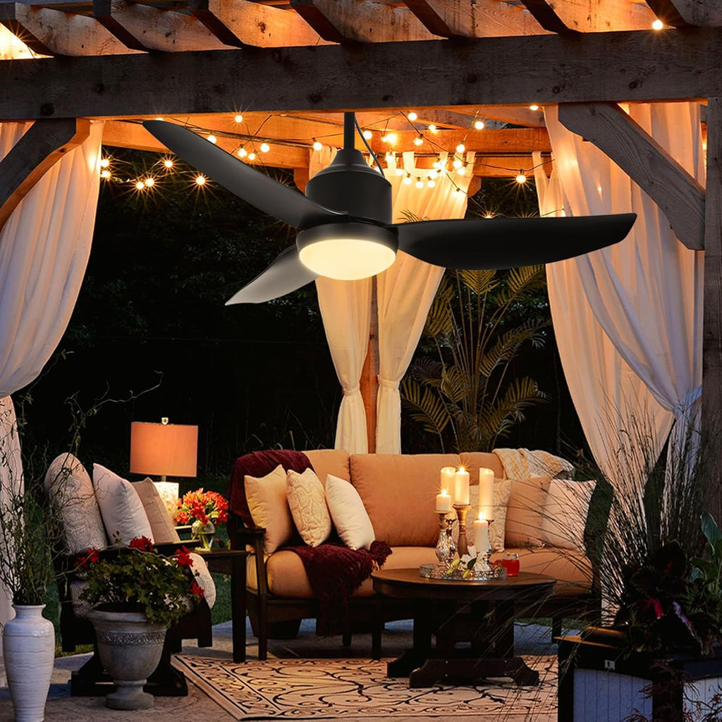 42 Inch Black Waterproof Gazebo Fans with Lights Outdoor Hanging - Plug in Remote App Control for Patios Indoor Farmhouse Porch - 6 Speed Reversible DC Motor