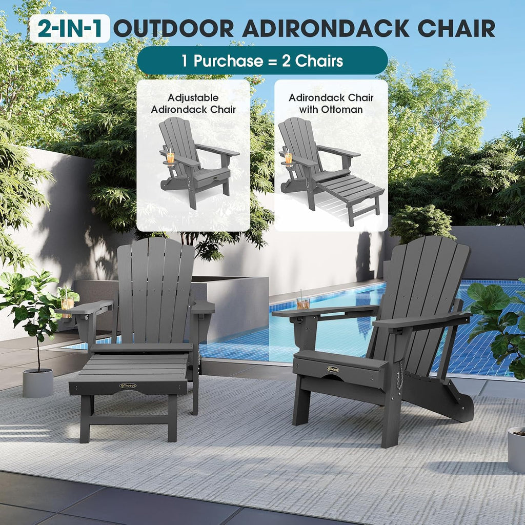 Folding Adirondack Chairs, Outdoor Patio Fire Pit Chairs | Adjustable HDPE Chairs with Footrest, Retractable Ottoman