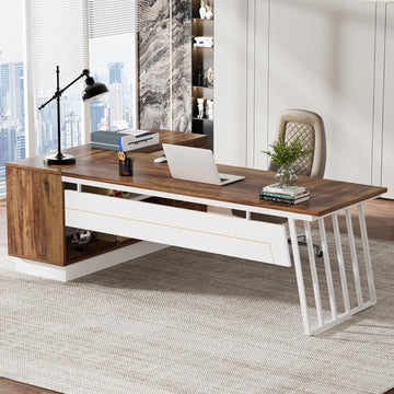71-Inch Executive Desk, L-Shaped Desk with Cabinet, Large Office Desk with Drawers and Storage Shelves
