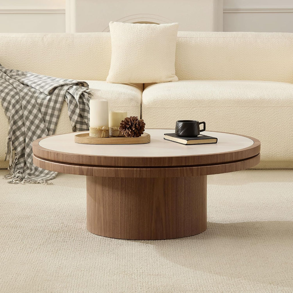 35.43" Round Coffee Table Sintered Stone for Living Room, Round Wood Pedestal Coffee Table with Travertine Texture Tab