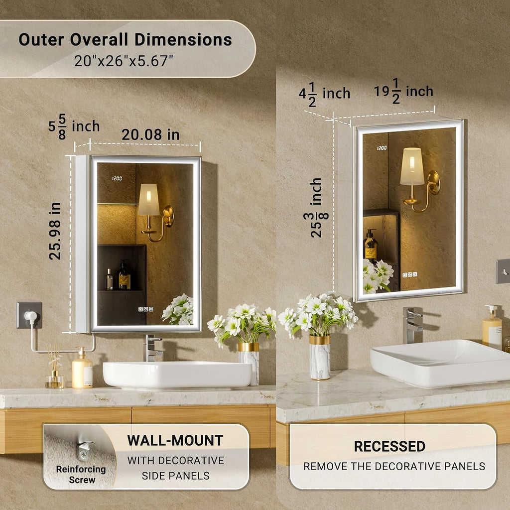 20x26 LED Medicine Mirror Cabinet, Beveled Brushed Nickel Frame