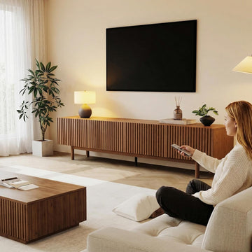 Mid Century Modern TV Stand for 85 Inch TV, Fluted Walnut TV Console with Storage, 4 Doors Media Console
