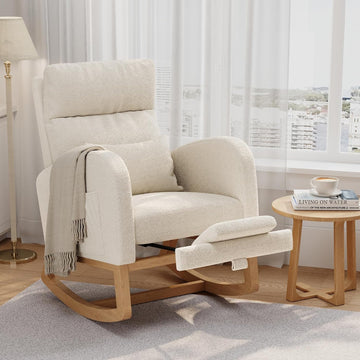 Rocking Chair, Nursery Glider Chair with Footrest, White | Modern Teddy Fleece Rocking Chair with Side Pocket and