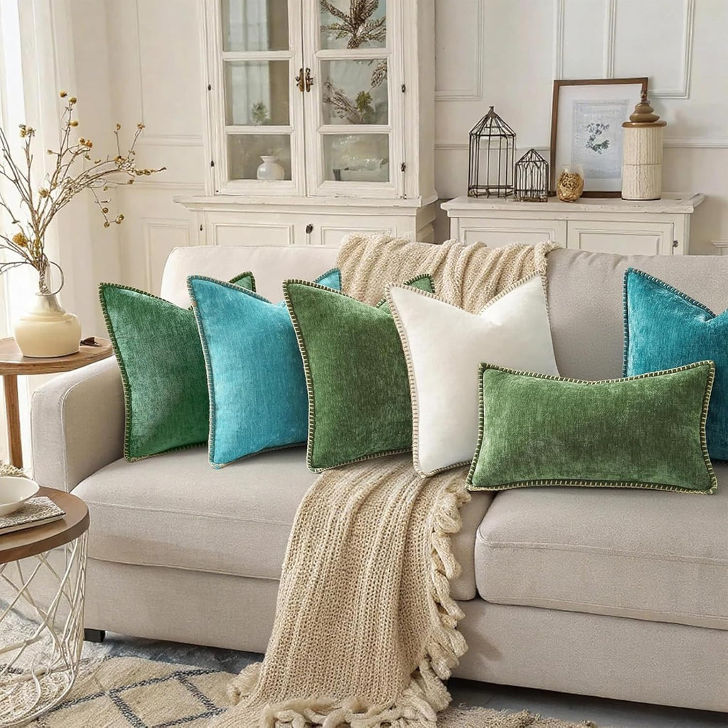 Chenille Soft Cozy Throw Pillow Covers 18x18 Set of 2, Modern Farmhouse Boho Velvet Decorative Pillow Cases with