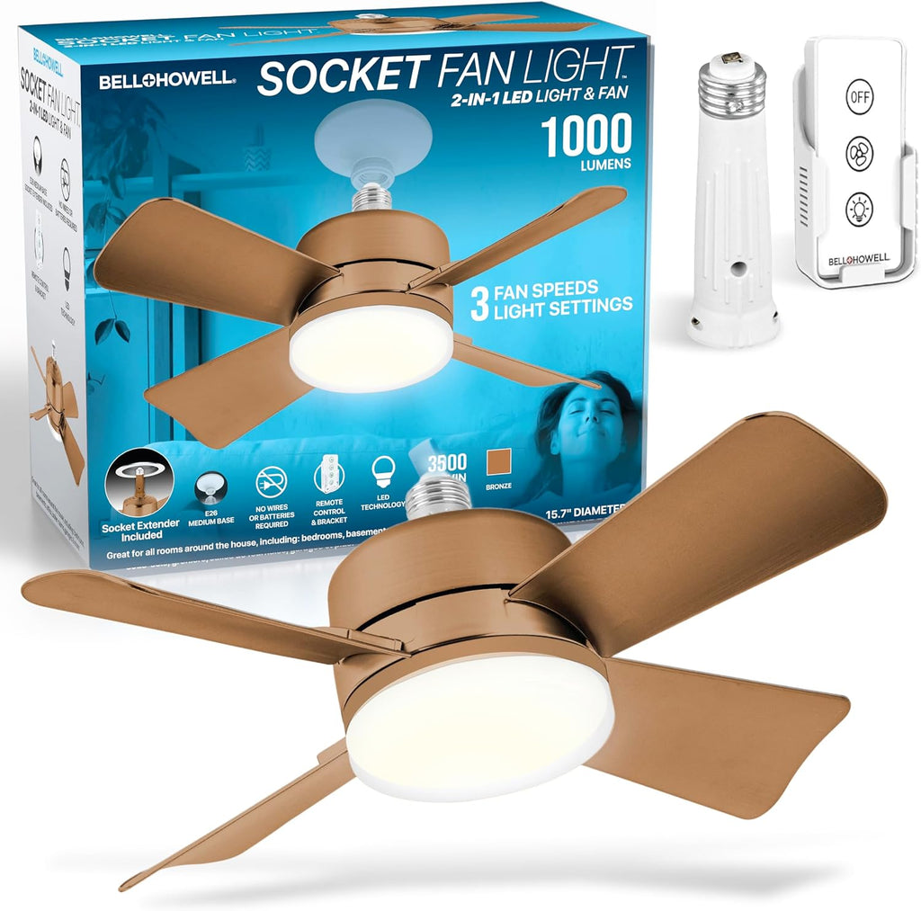 Breeze Socket Fan Light with Remote, Portable Small Ceiling Fans with Lights for Bedroom, Kitchen, Living Room, Ceiling Fan with Light 3500K, 1000 Lumens, Screws into E26/E27