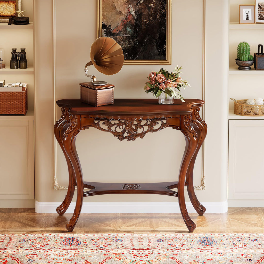 Antique Console Table, 38 Inch Victorian Half Moon Sofa Table with Hollow Floral Apron and Cabriole Legs, Vintage