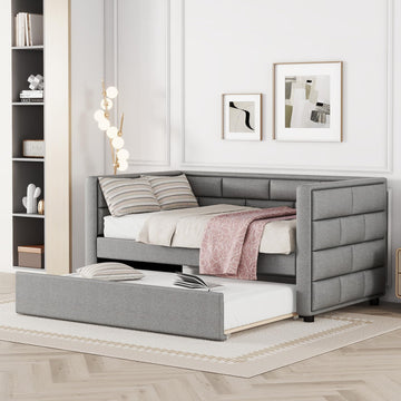Twin Size Upholstered Daybed with Trundle, Twin Corner Bed Frame with Padded Back Guest Room (Gray)