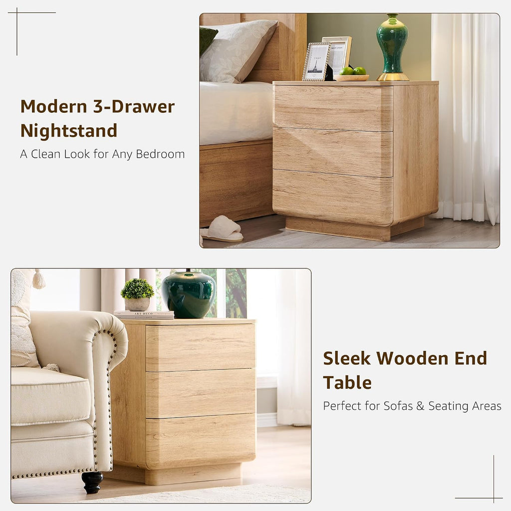 22" Modern Nightstand with Charging Station, Large Push-to-Open End Table, Wood Bedside Table w/Curved Profile
