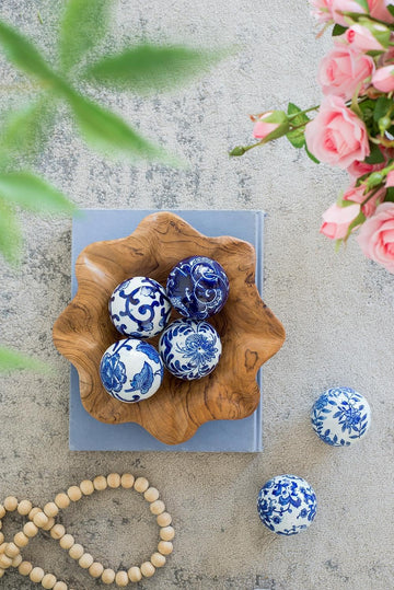 Set of 6 Porcelain Decorative Spheres - Handcrafted Traditional Blue and White Floral Orbs Decor, Tabletop Accent