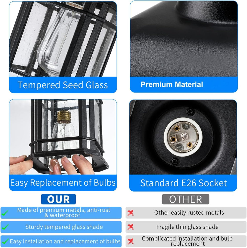 Outdoor Pendant Lights for Porch, Black Exterior Hanging Lanterns, Farmhouse Ceiling Light Fixture