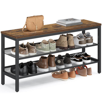 3 Tier Shoe Rack Bench, One Piece Shelves, Shoe Storage Organizer with Raised Edges, Industrial Style, Easy Assembly