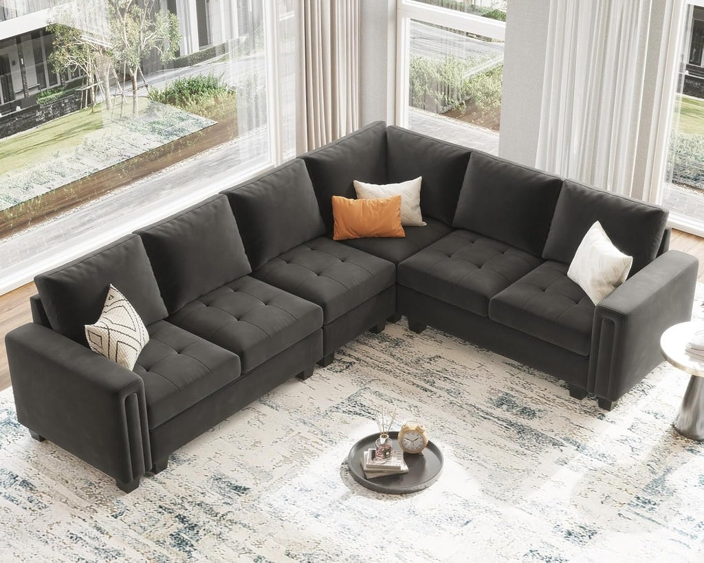 Grey Velvet L-Shape Sectional Sofa with Reversible Chaise, 107.8'L x 84.2'W x 35.8'H, Modular, Modern, Sofa Couch , 5