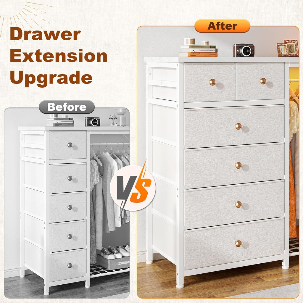 49.2" W Dresser with Hanging Rack & 6 Drawers, Grid Panel & 4 Hooks | Featuring LED Lights and Charging Station