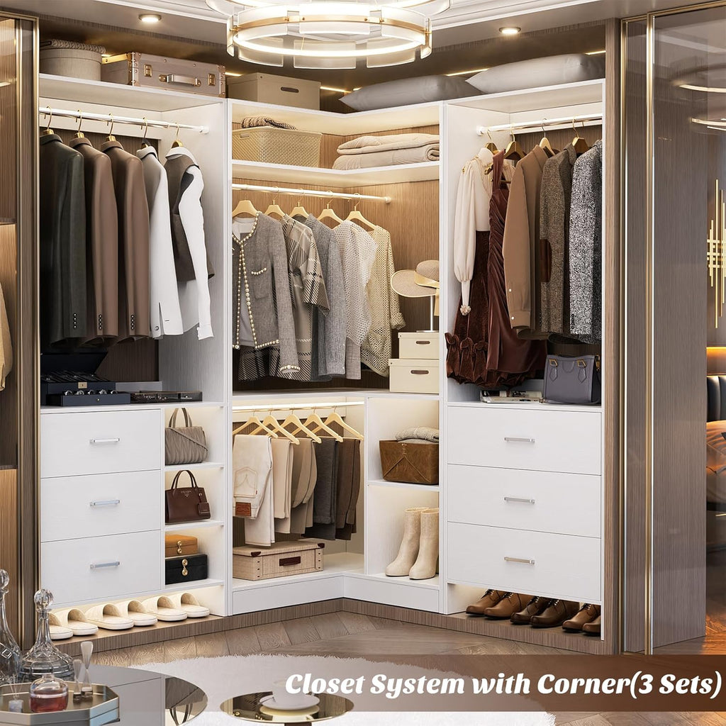 Corner Closet System With Shelves, 34'' Organizer With Hanging Rods, Wood Walk-in for Small Space, Freestanding