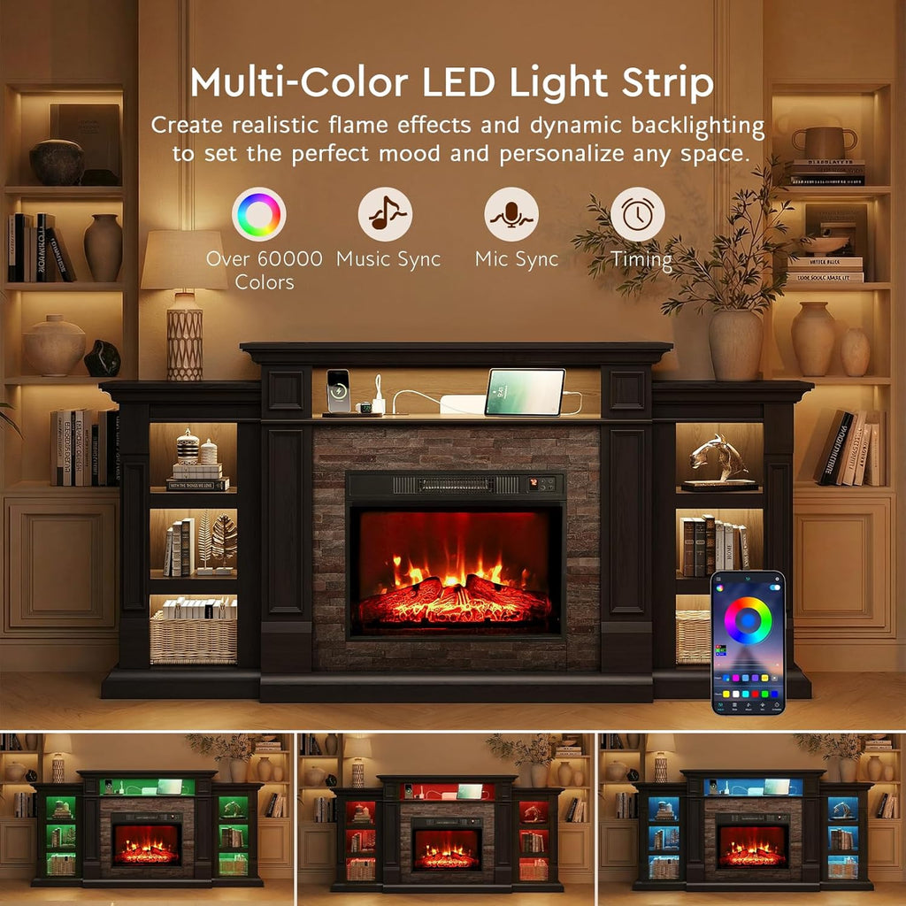 72" LED Fireplace TV Stand with Outlet, Electric Fireplace with Mantel for TVs Up to 80 Inch