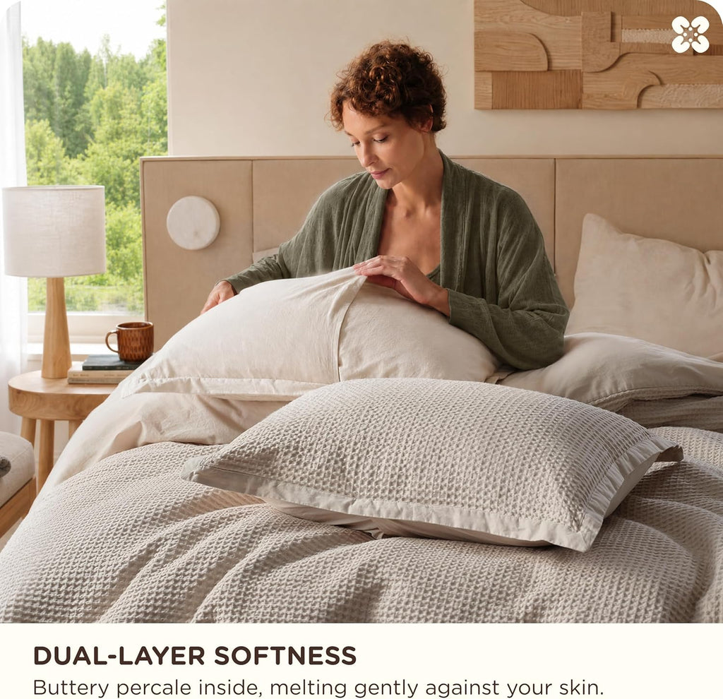Cotton Duvet Cover - 100% Cotton Waffle Weave Linen Color Duvet Cover, PureWoven Breathable Bedding Set