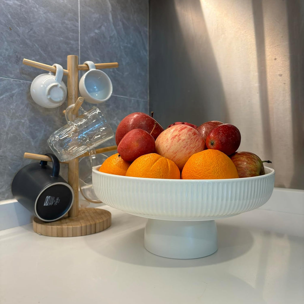 11" Ceramic Fruit Bowl Counter, White | Large Decorative Bowl - spacious pedestal bowl blending decor with
