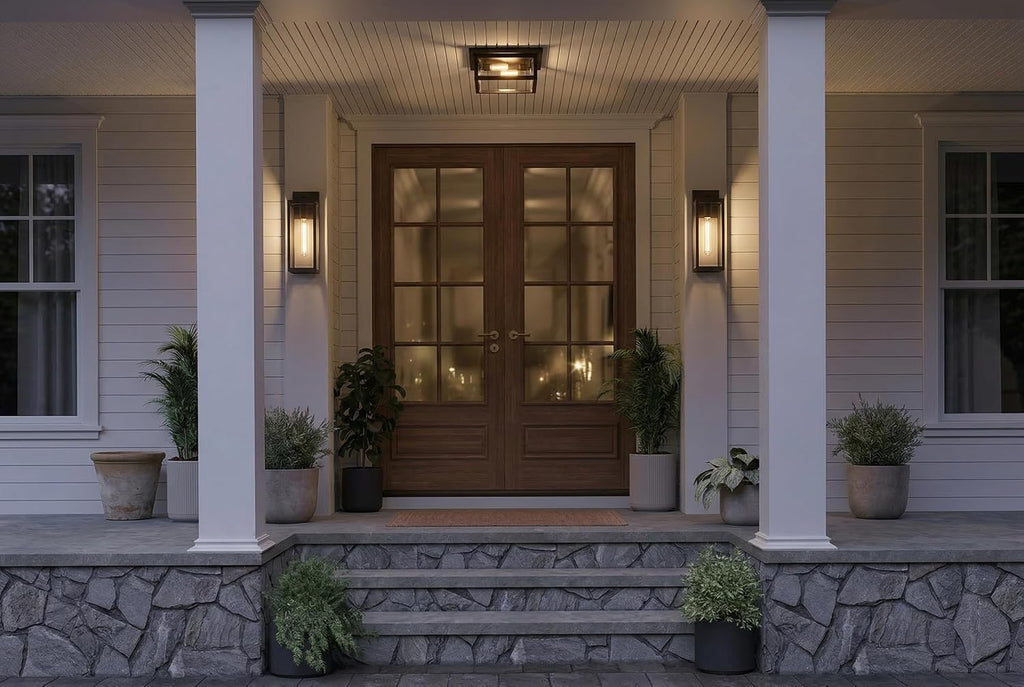 Westover 12" Outdoor Flush Mount Ceiling Light, 2-Light Western Bronze with Clear Beveled Glass, E12 Base