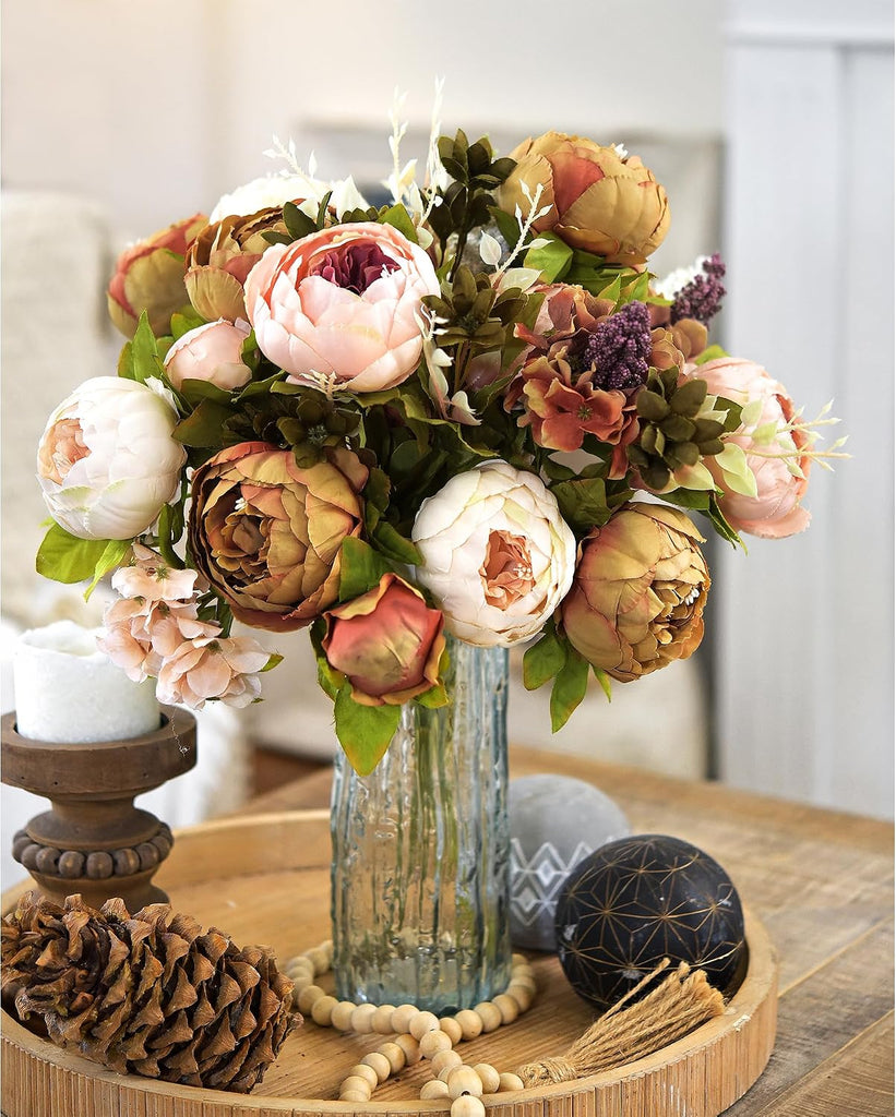 Artificial Peony Bouquets, 2 Silk Flower Bundles in Mixed Pale Pink & Tawny Brown with Hydrangeas for Wedding