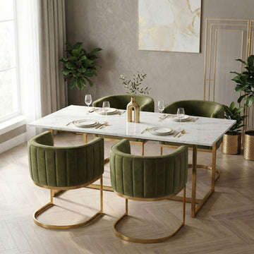 Olive Green and Gold Modern Barrel Dining Room Chairs Set of 4, Velvet Upholstered Accent Chairs with Curved Back