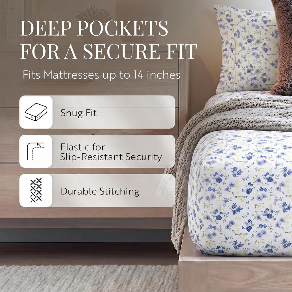 4 Piece Sheet Set - Breathable, Double-Brushed Patterned Cooling Sheets - Ultra Soft & Wrinkle-Free 16"