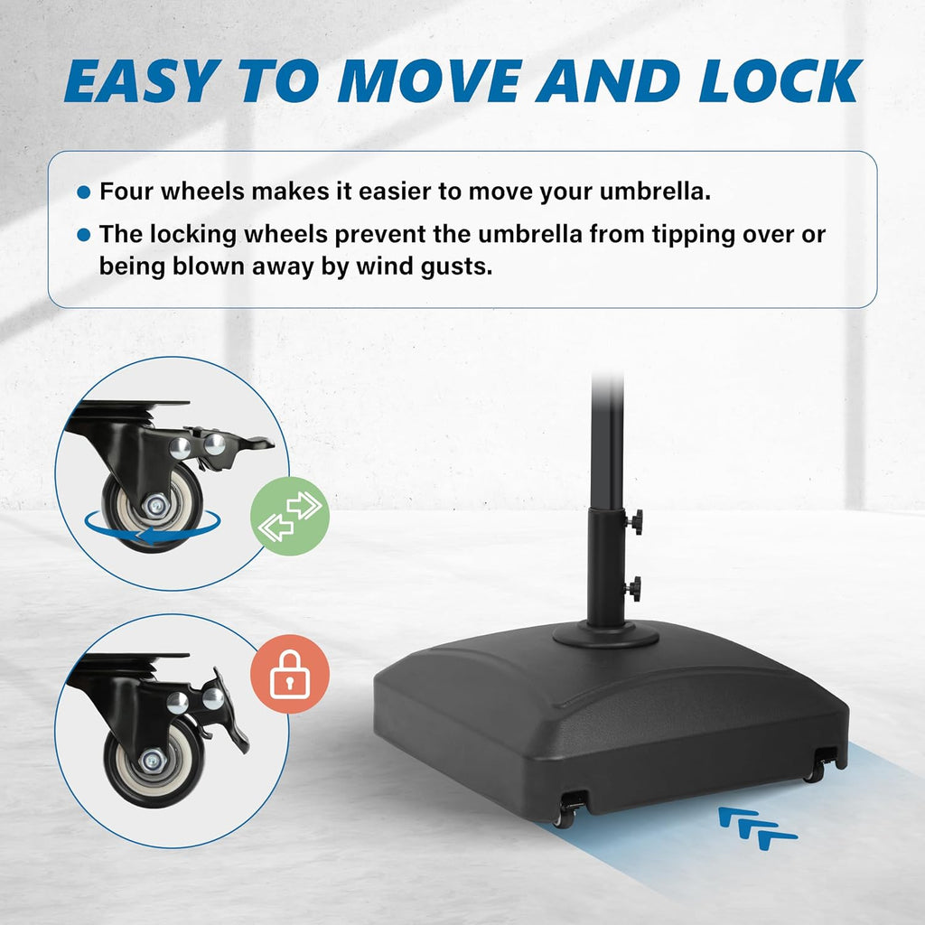 125lb Capacity Fillable Mobile Patio Umbrella Base Heavy Duty Square Market Stand with 4 Wheels, 2 Locks, 2 Knobs, Black