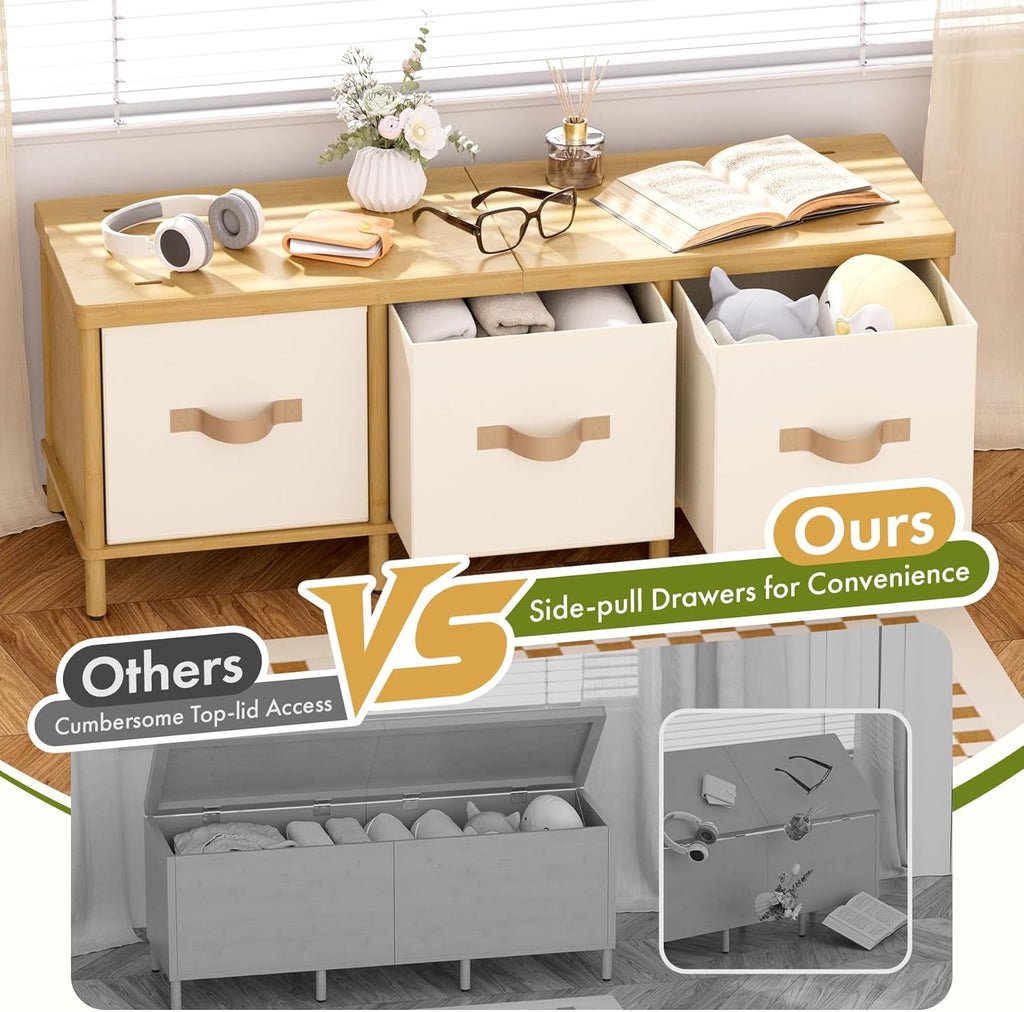 Storage Bench, 43.3" Bamboo Storage Chest with 3 Drawers, Entryway Bench with Cushioned Seat, End of Bed Bench with