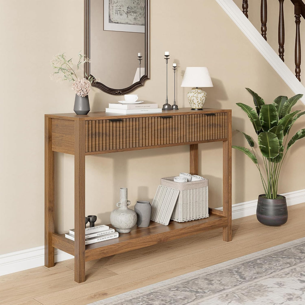 Fluted Console Table, Wooden Sofa Table with Storage and Drawers, Farmhouse Behind Couch Table Entryway Table for