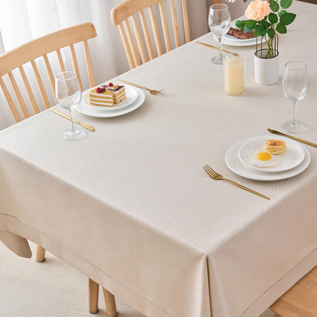 Light Natural Handmade Hemstitch Contemporary Linen Blend Solid Color Tablecloth for Dinner Table, P